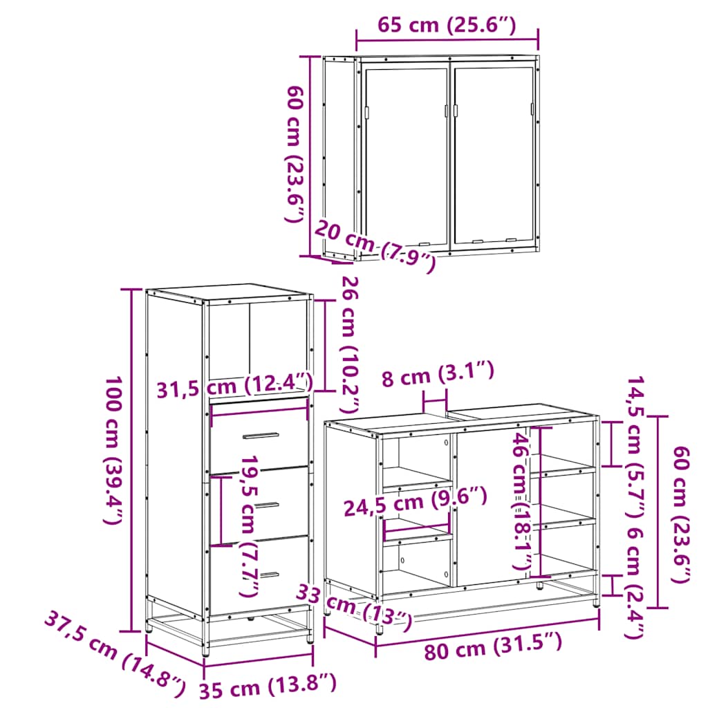 vidaXL 3-tlg. Badmöbel-Set Grau Sonoma Holzwerkstoff