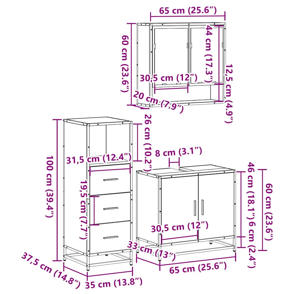 vidaXL 3-tlg. Badmöbel-Set Grau Sonoma Holzwerkstoff