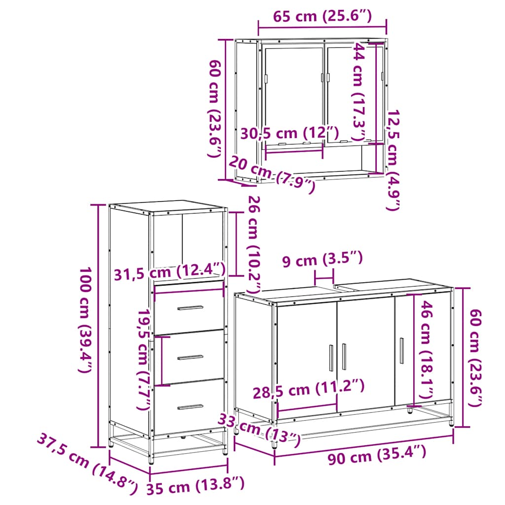vidaXL 3-tlg. Badmöbel-Set Räuchereiche Holzwerkstoff