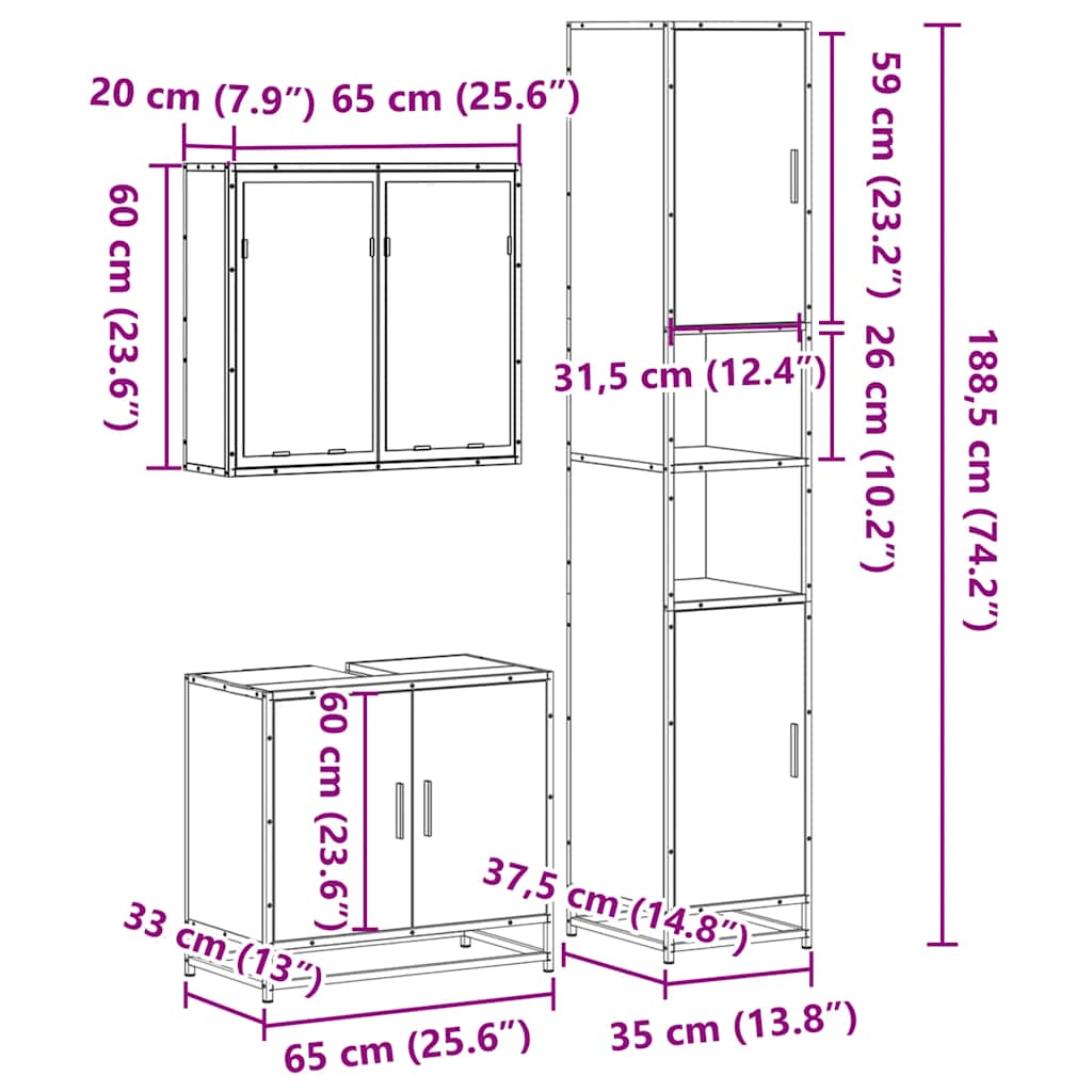vidaXL 3-tlg. Badmöbel-Set Räuchereiche Holzwerkstoff