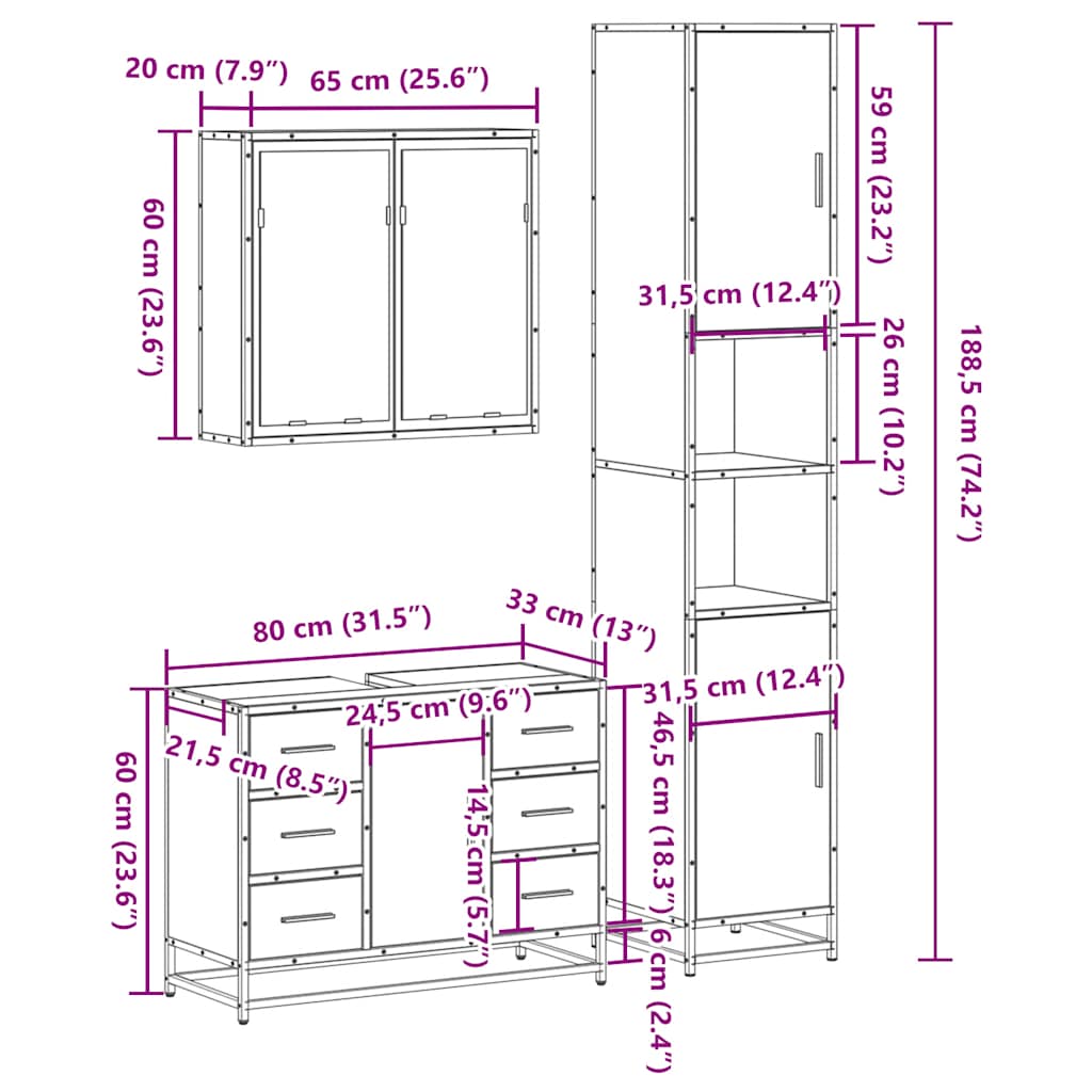 vidaXL 3-tlg. Badmöbel-Set Räuchereiche Holzwerkstoff