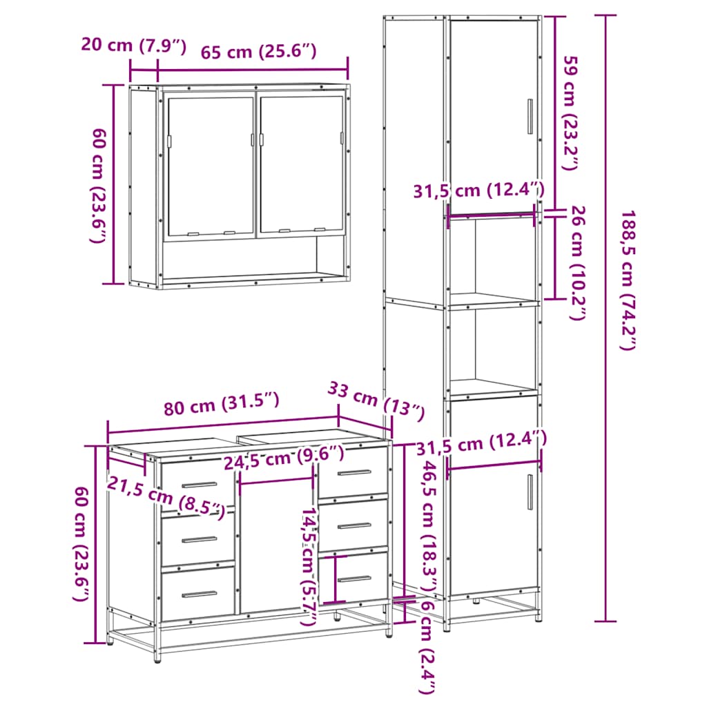 vidaXL Ensemble de meubles de salle de bain 3 pcs Chêne Sonoma Aggloméré