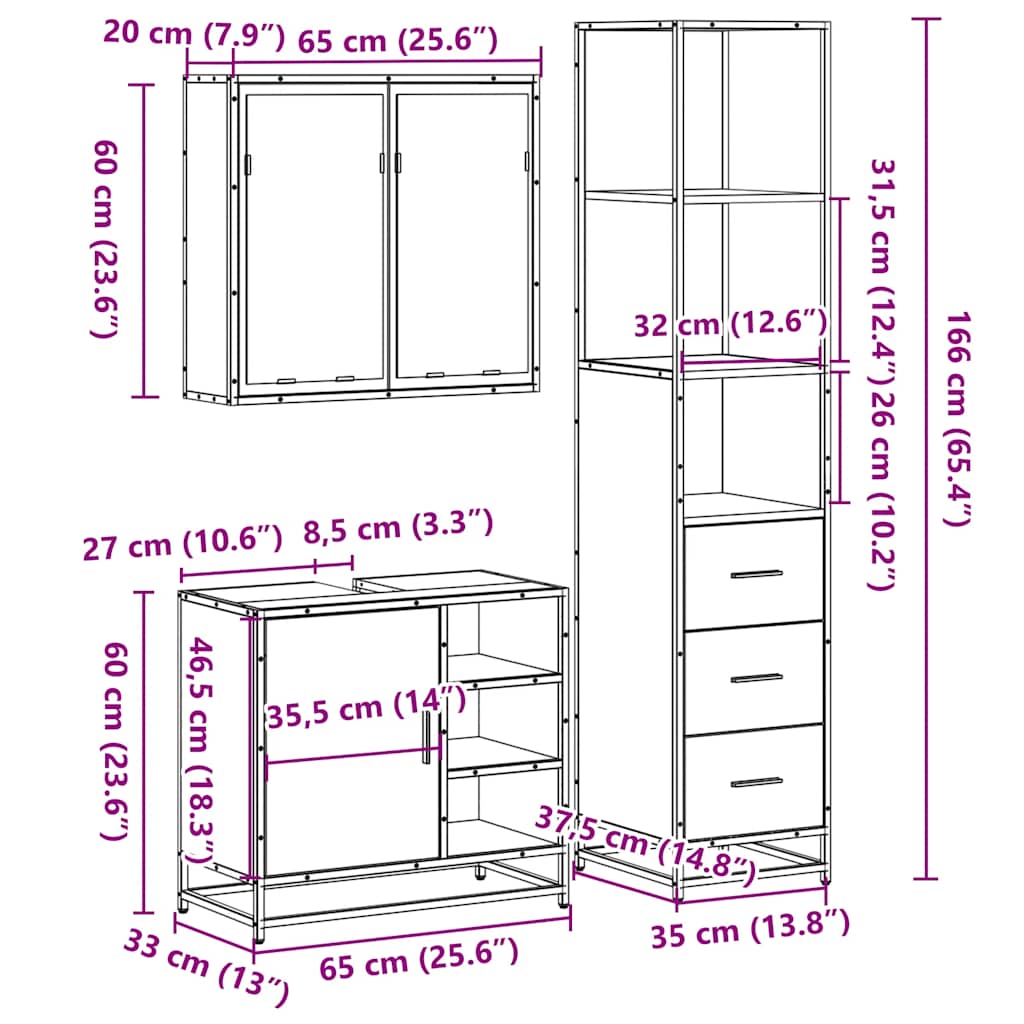 vidaXL 3-tlg. Badmöbel-Set Räuchereiche Holzwerkstoff