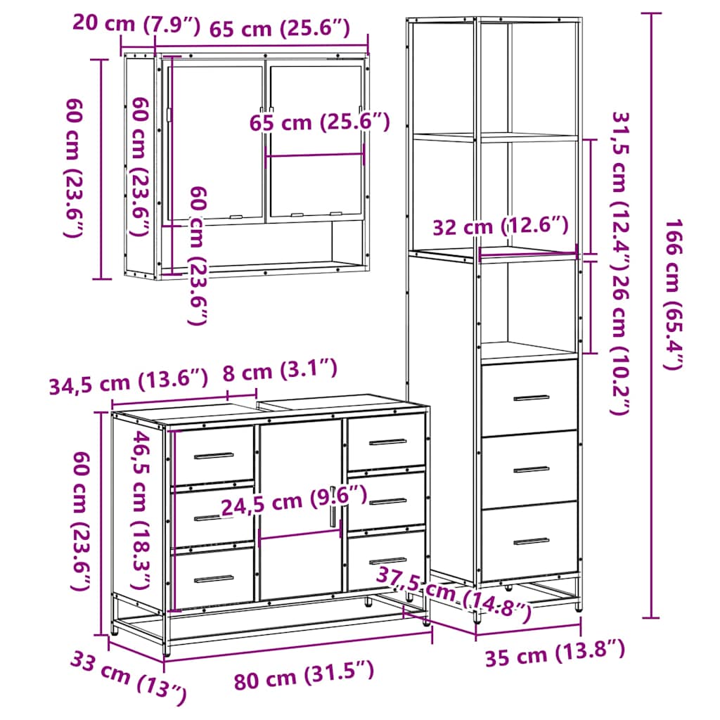 vidaXL 3-tlg. Badmöbel-Set Räuchereiche Holzwerkstoff