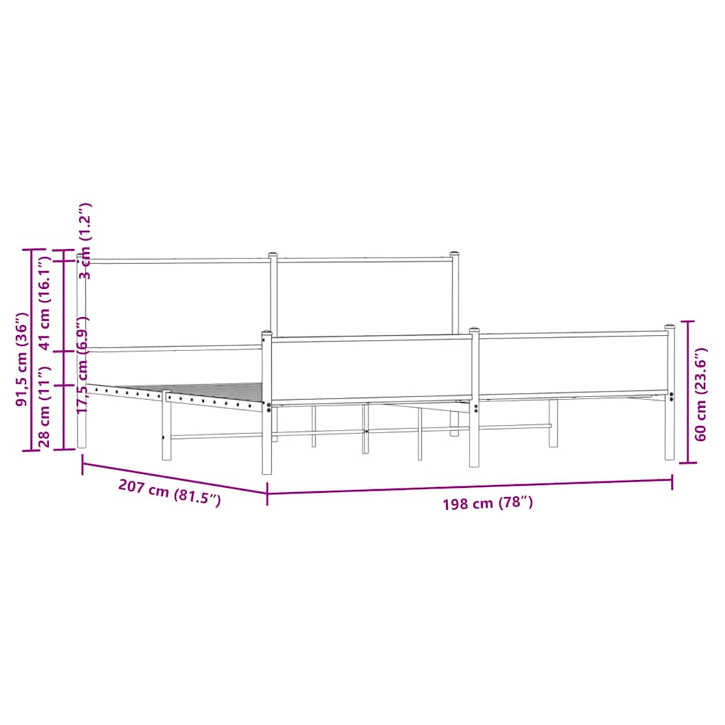 Metallbett ohne Matratze Braun Eichen-Optik 193x203 cm