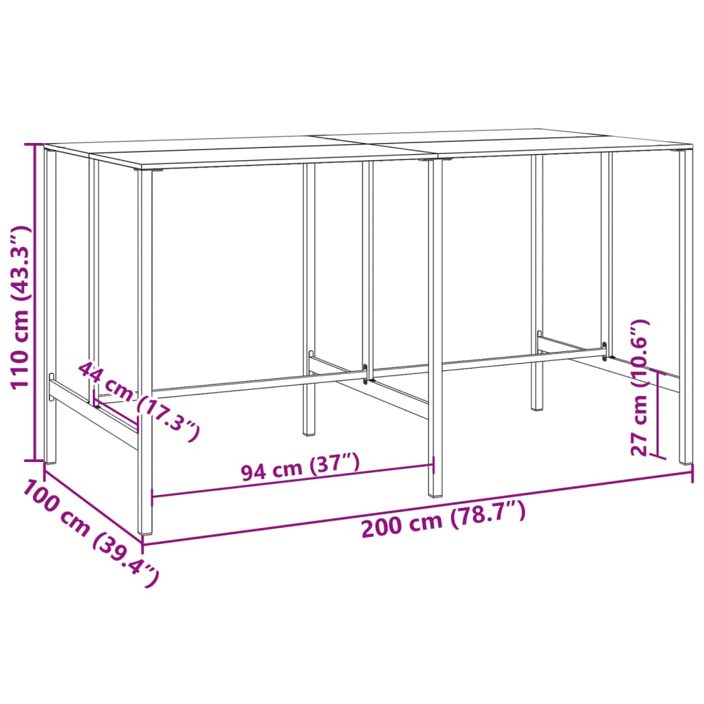 vidaXL Bartisch Schwarz 200x100x110 cm Pulverbeschichteter Stahl