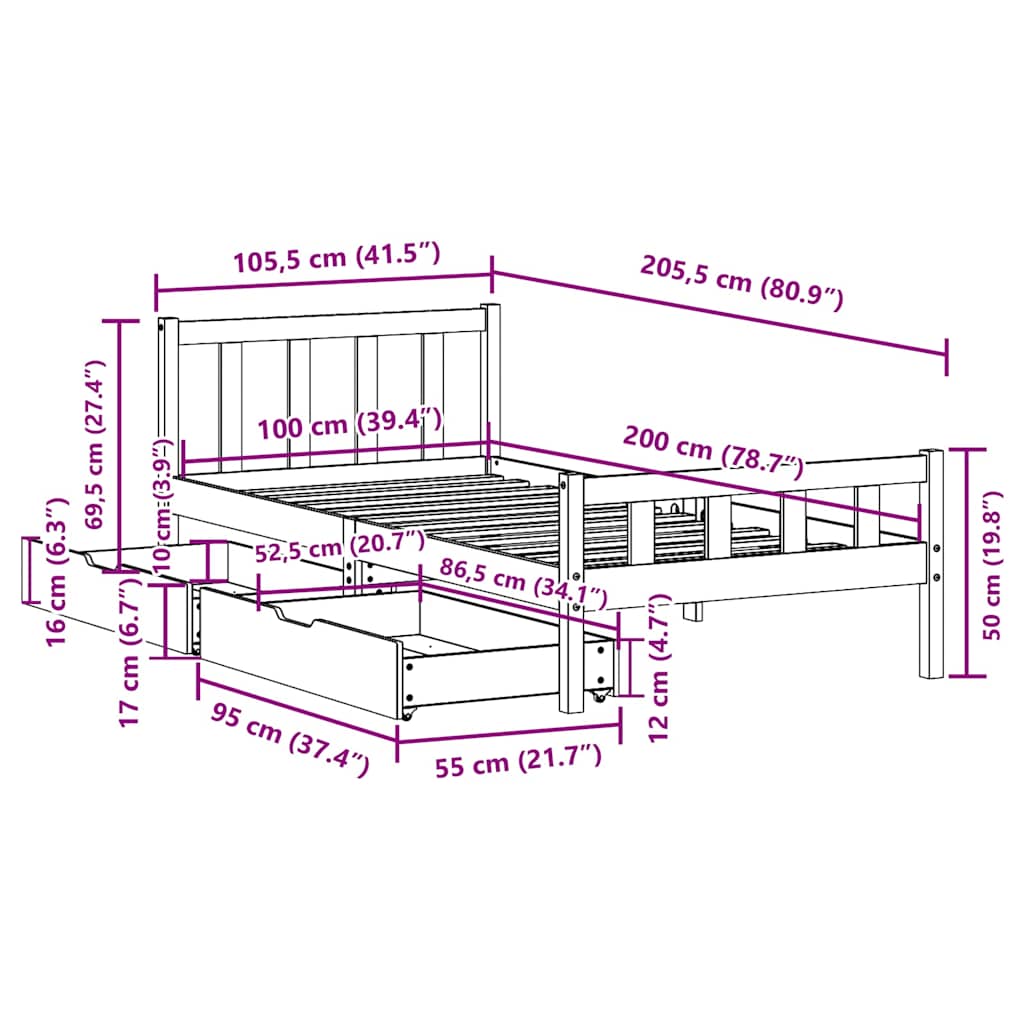 vidaXL Massivholzbett ohne Matratze 100x200 cm Kiefernholz