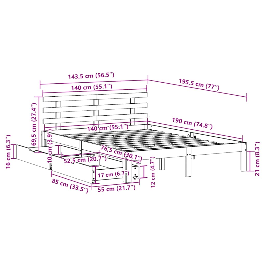 Massivholzbett mit Schubladen 140x190 cm Kiefer