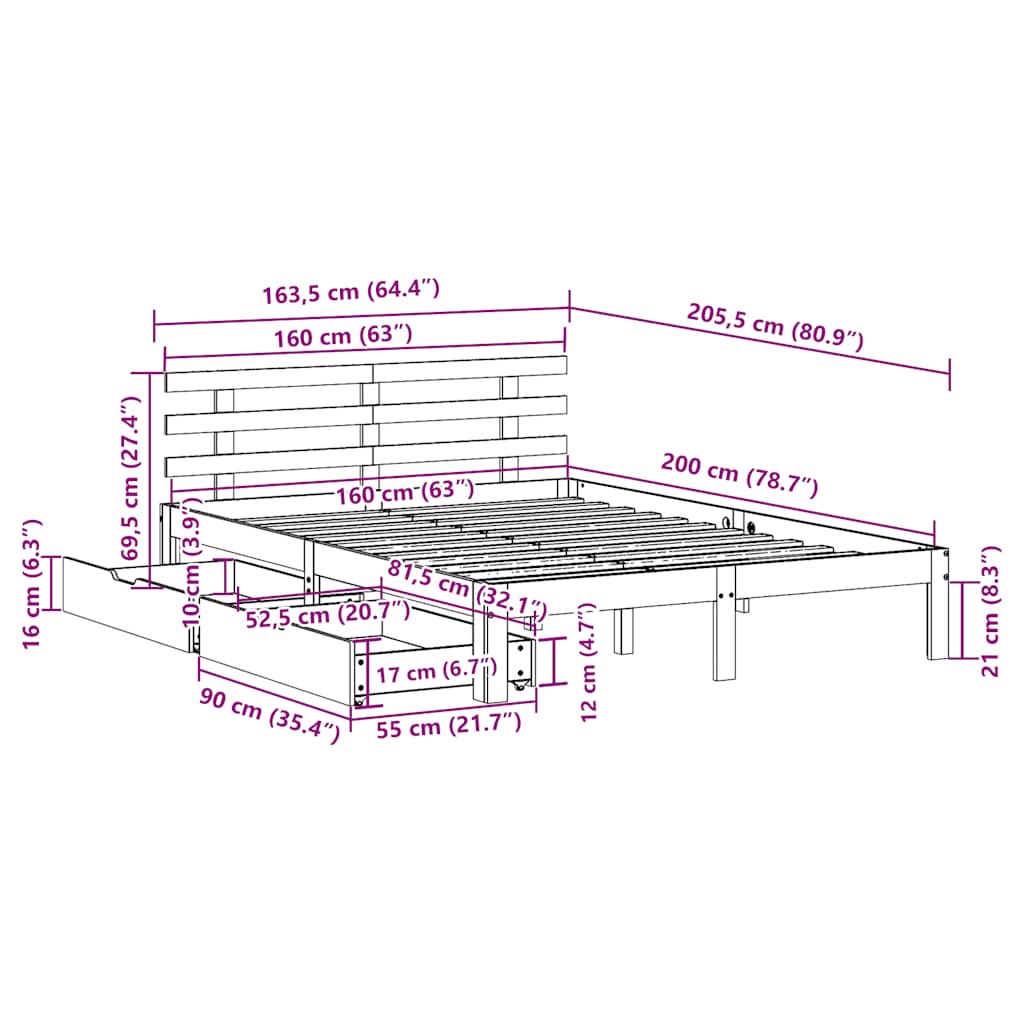 Massivholzbett mit Schubladen 160x200 cm Kiefer