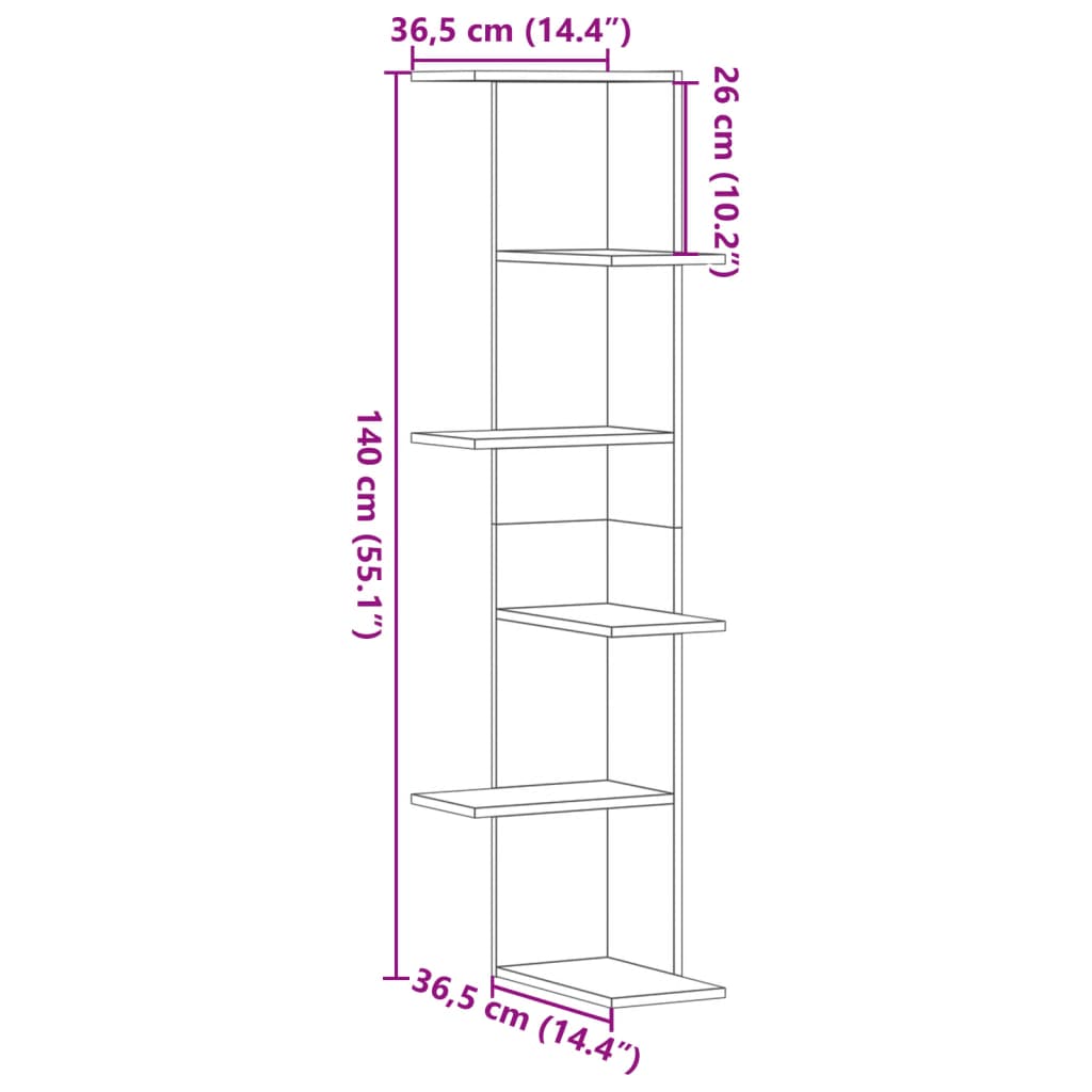 vidaXL Étagère murale d'angle aspect chêne marron 36,5x36,5x140 cm en bois d'ingénierie