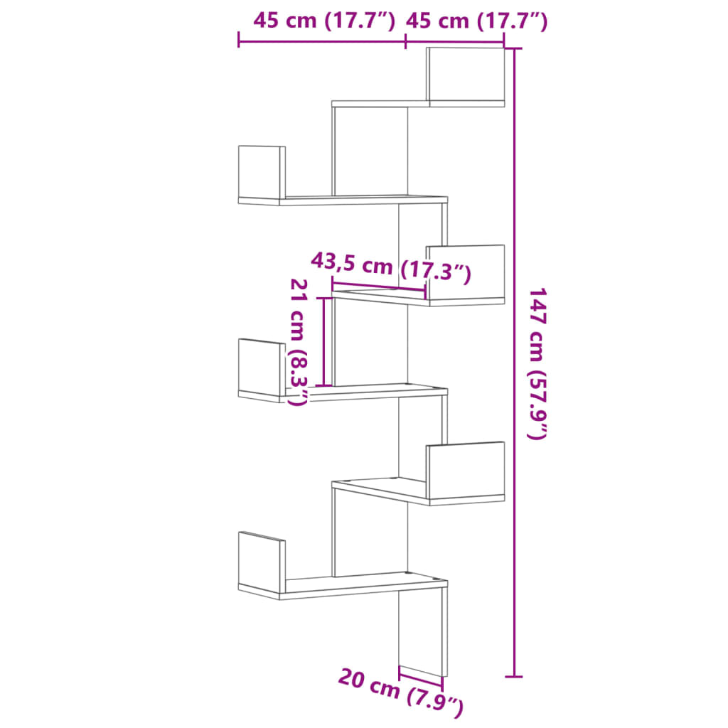 vidaXL Wand-Eckregal Betongrau 45x45x147 cm Holzwerkstoff