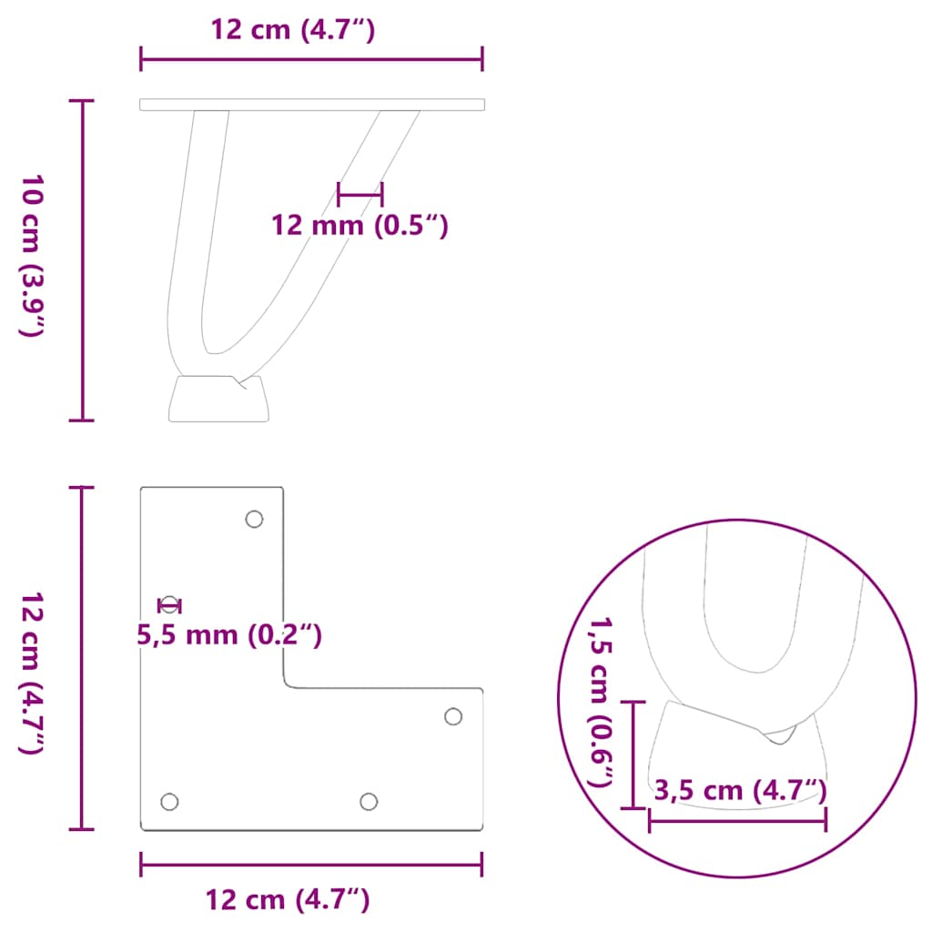 vidaXL Haarnadelbeine für Couchtisch 4 Stk. Naturstahl 10 cm Massivstahl