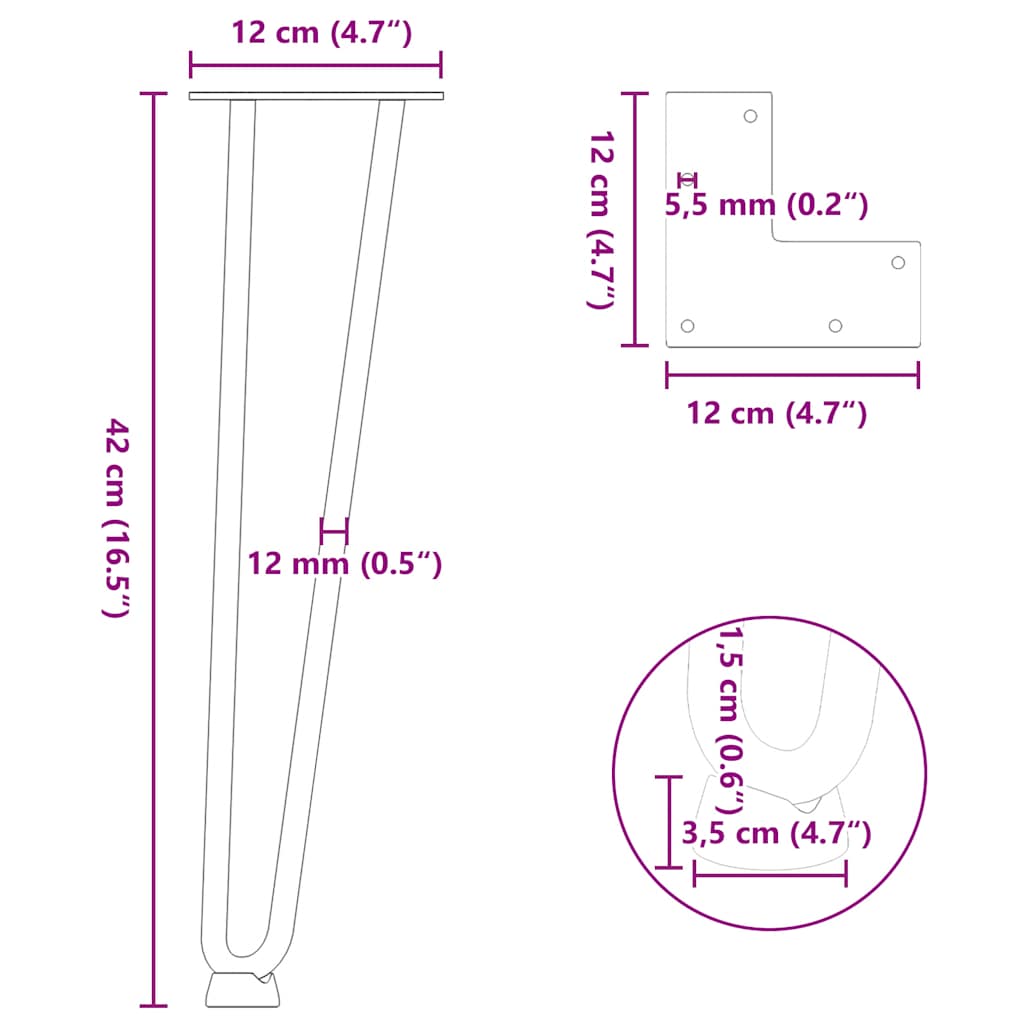 vidaXL Haarnadelbeine für Couchtisch 4 Stk. Schwarz 42 cm Massivstahl