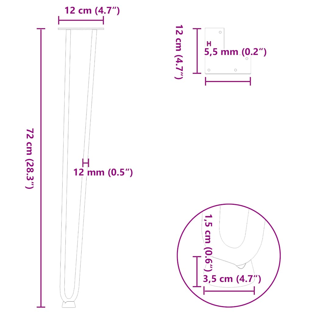 vidaXL Haarnadelbeine für Konsolentische 4 Stk. Naturstahl 72 cm Massivstahl