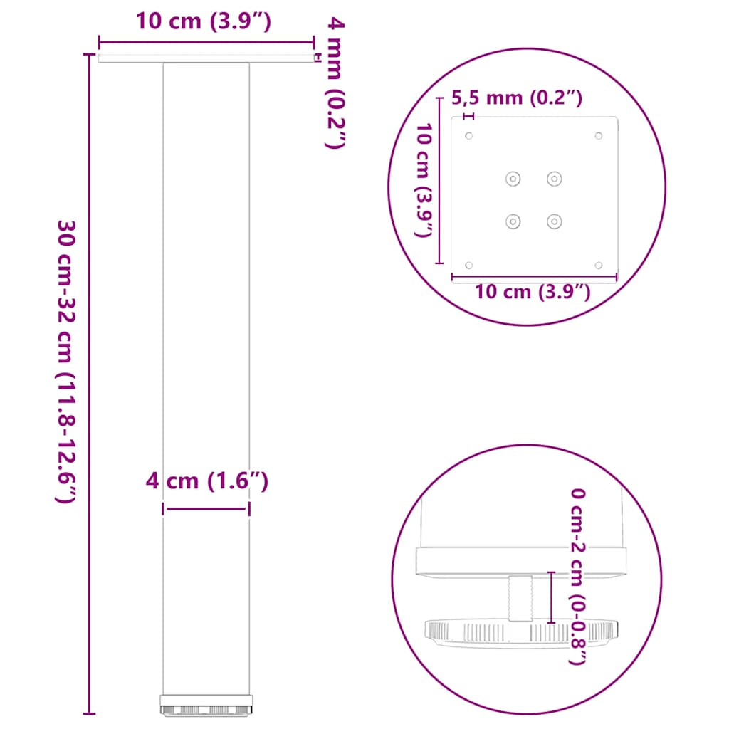 vidaXL Pieds de table basse 4 pcs Anthracite 30-32 cm Acier