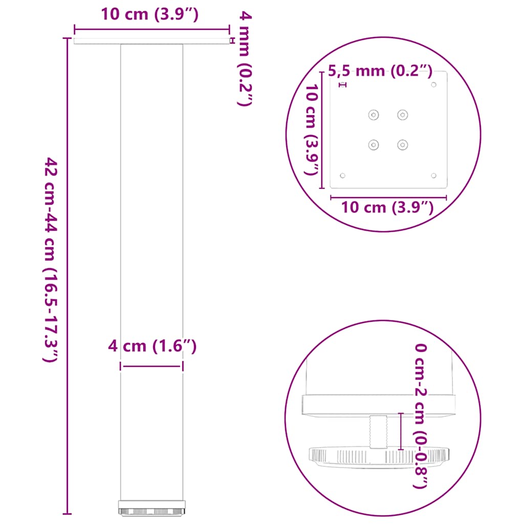 vidaXL Pieds de table basse 4 pcs Noir 42-44 cm Acier