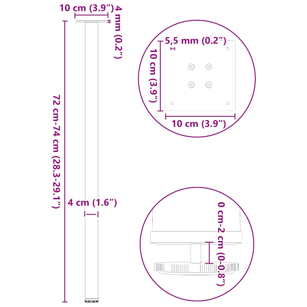 vidaXL Pieds de table console 4 pcs. Acier brut 72-74 cm Acier