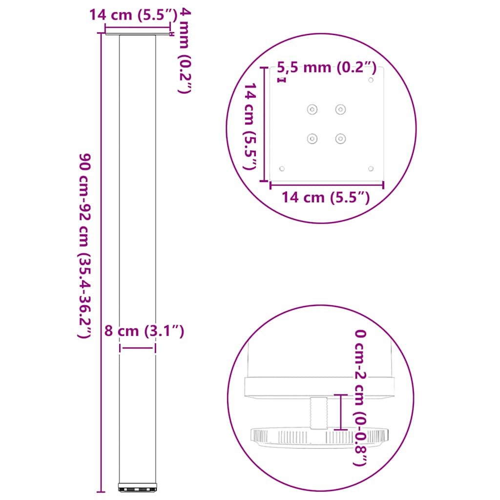 vidaXL Pieds de table de bar 4 pcs Blanc 90-92 cm Acier