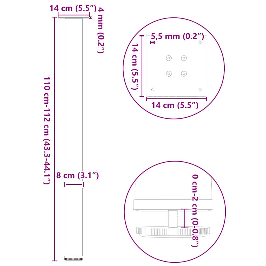 vidaXL Bartischbeine 4 Stk. Weiß 110-112 cm Stahl