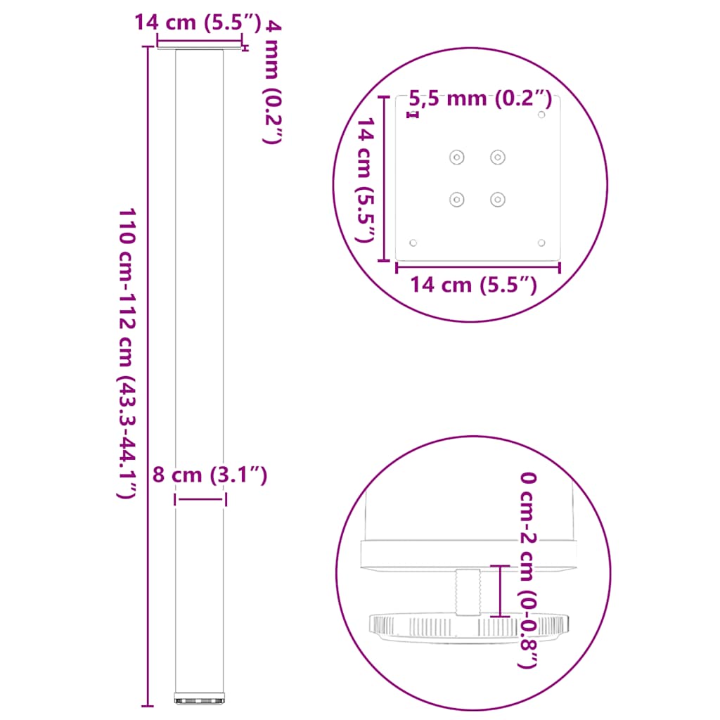 vidaXL Bartischbeine 4 Stk. Naturstahl 110-112 cm Stahl