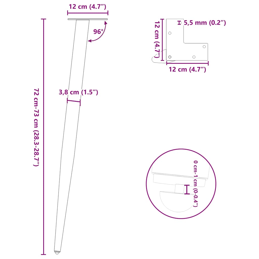 vidaXL Konsolentischbeine Konische Form 4 Stk. Schwarz 72-73 cm Stahl