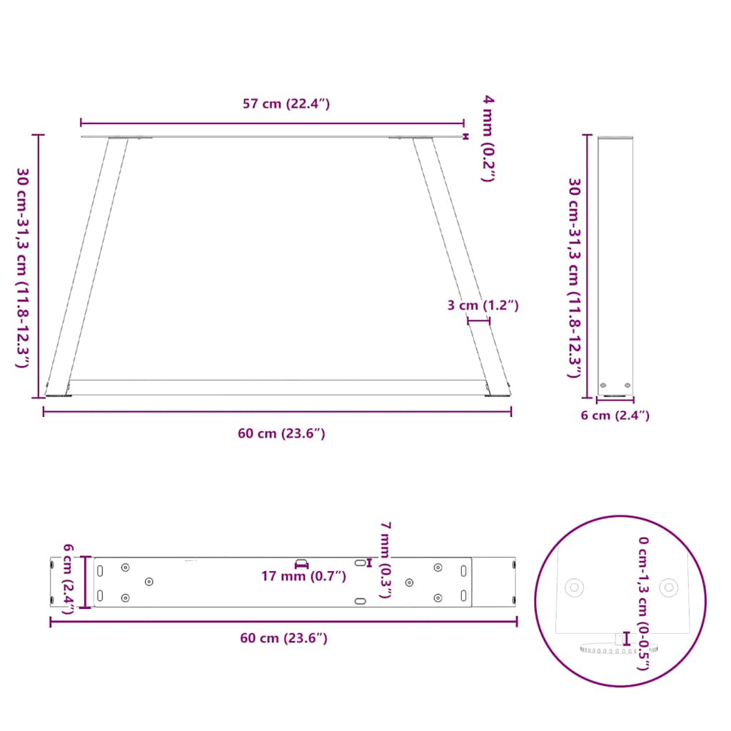 vidaXL Couchtischbeine V-Form 2 Stück Weiß 60x(30-31,3) cm Stahl