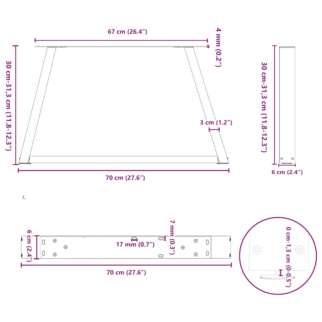 vidaXL Pieds de table basse en V 2 pcs Blanc 70x(30-31,3) cm Acier