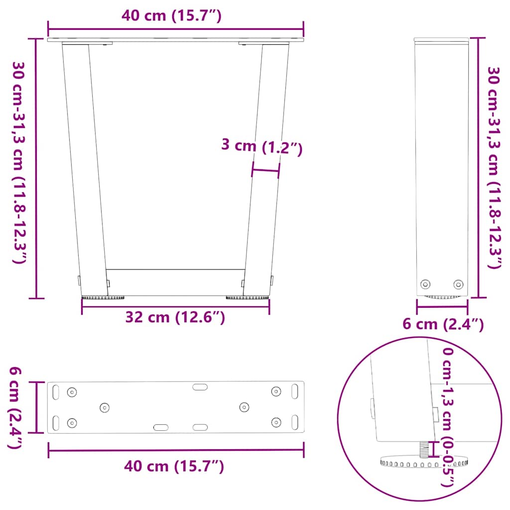 vidaXL Pieds de table basse en V 2 pcs Anthracite 40x(30-31,3) cm Acier