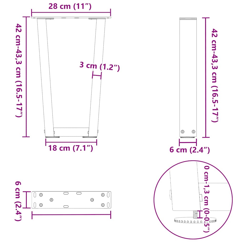 vidaXL Pieds de table basse en V 2 pcs Noir 28x(42-43,3) cm Acier