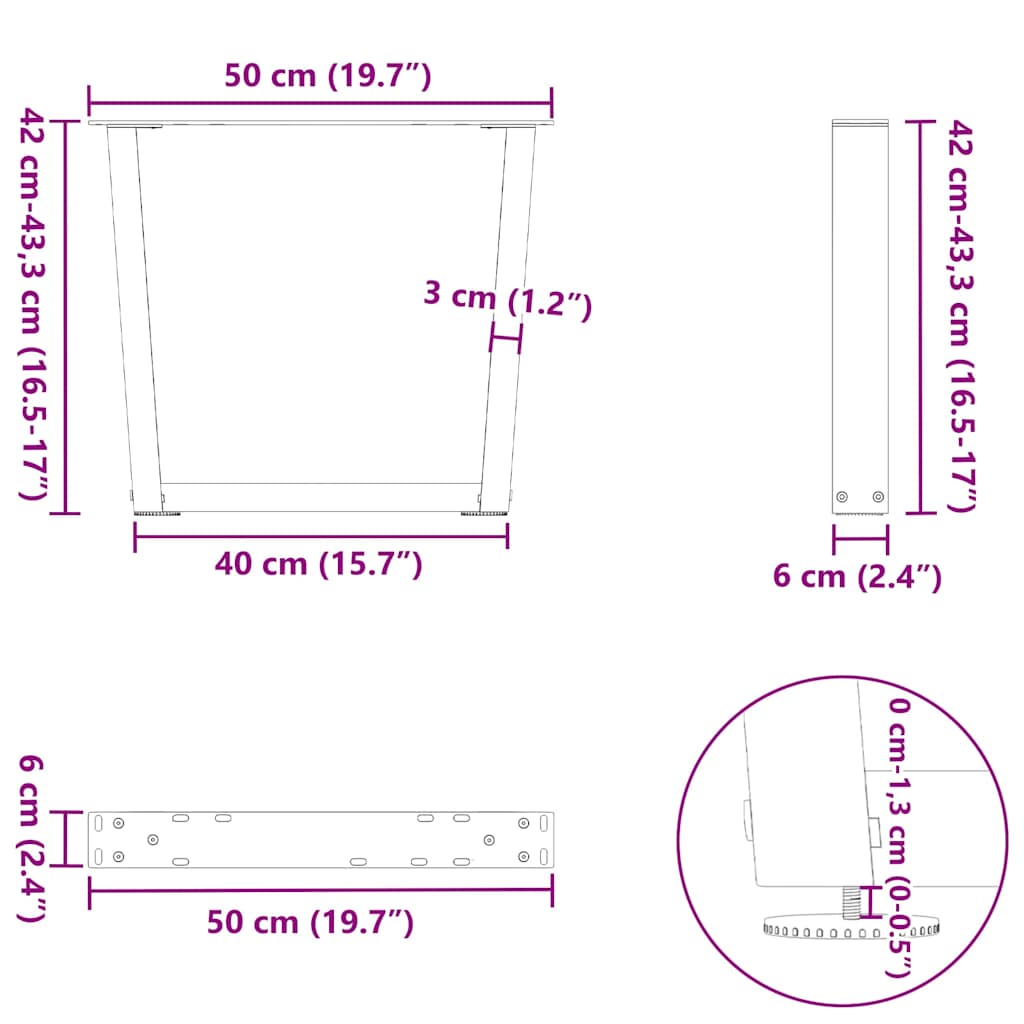vidaXL Couchtischbeine V-Form 2 Stück Naturstahl 50x(42-43,3) cm Stahl