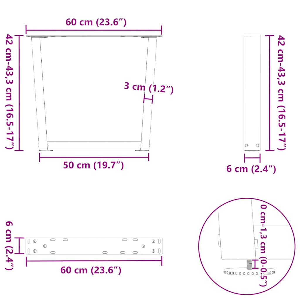 vidaXL Couchtischbeine V-Form 2 Stück Naturstahl 60x(42-43,3) cm Stahl