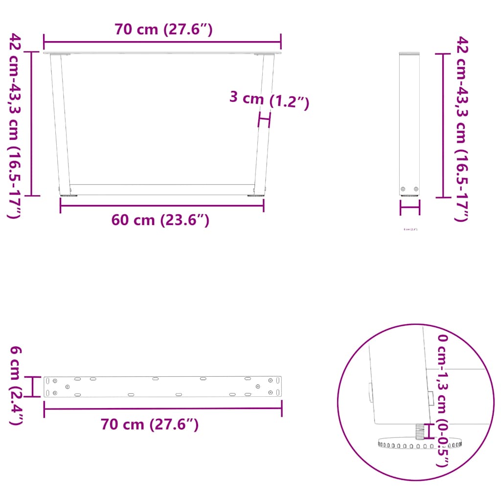 vidaXL Couchtischbeine V-Form 2 Stück Naturstahl 70x(42-43,3) cm Stahl