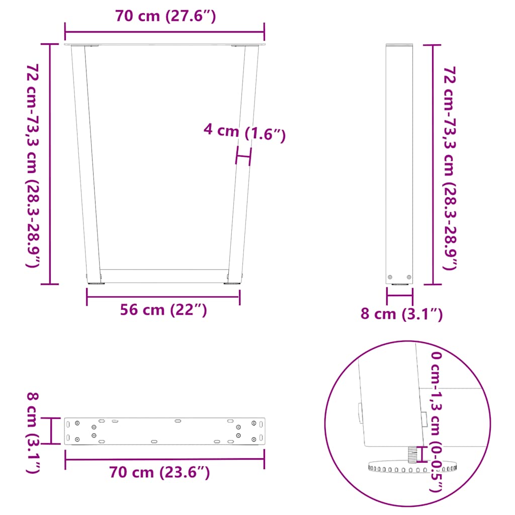 vidaXL Pieds de table à manger en V 2 pcs Noir 70x(72-73,3) cm Acier