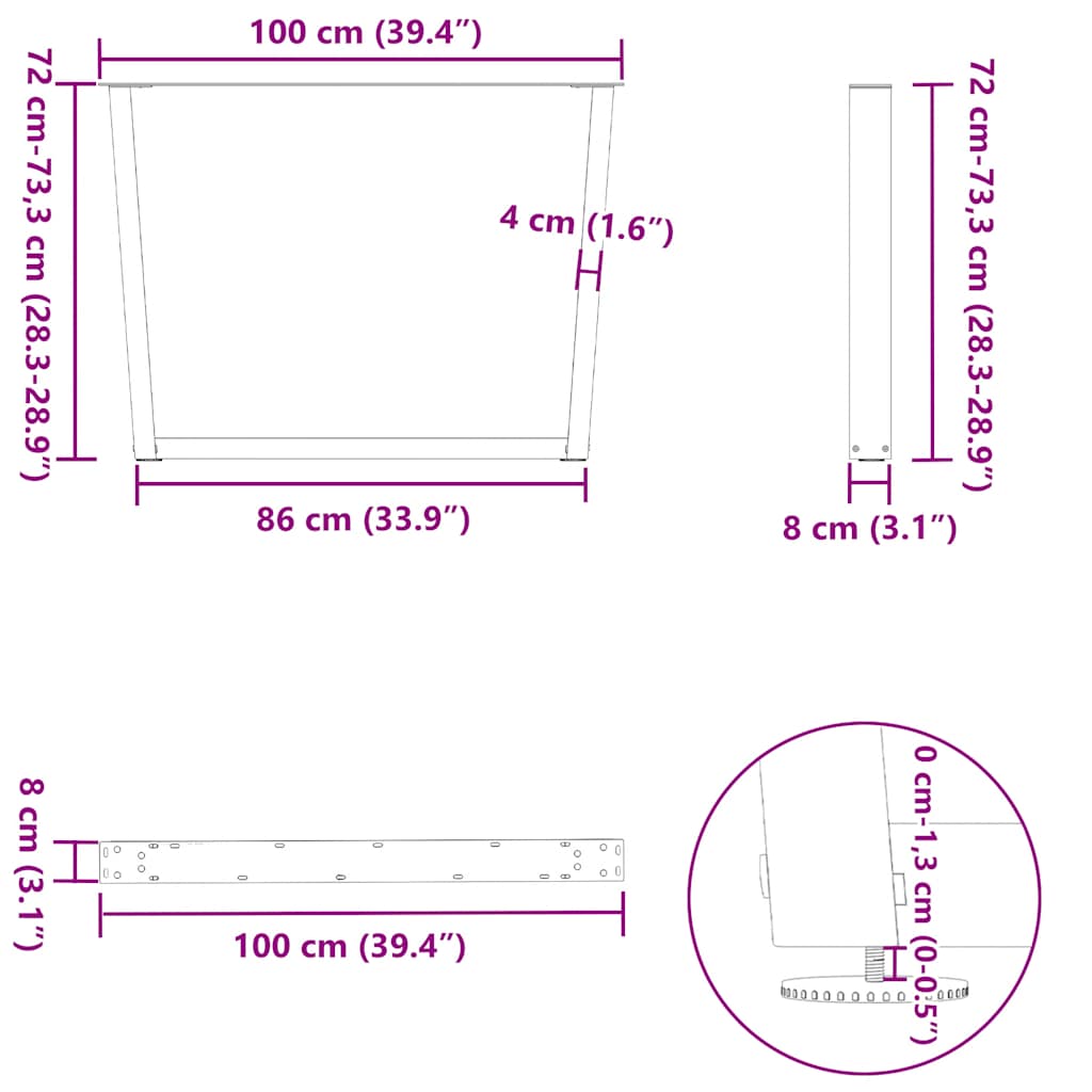 vidaXL Esstischbeine V-Form 2 Stück Naturstahl 100x(72-73,3) cm Stahl