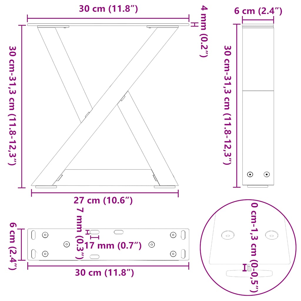 vidaXL Couchtischbeine 2 Stk. Anthrazit 30x(30-31,3) cm Stahl