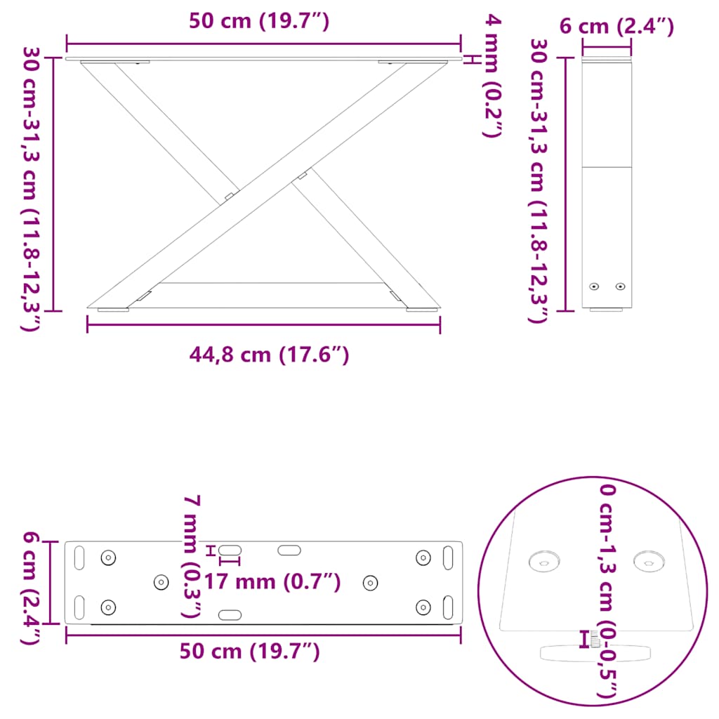 vidaXL Couchtischbeine 2 Stk. Anthrazit 50x(30-31,3) cm Stahl
