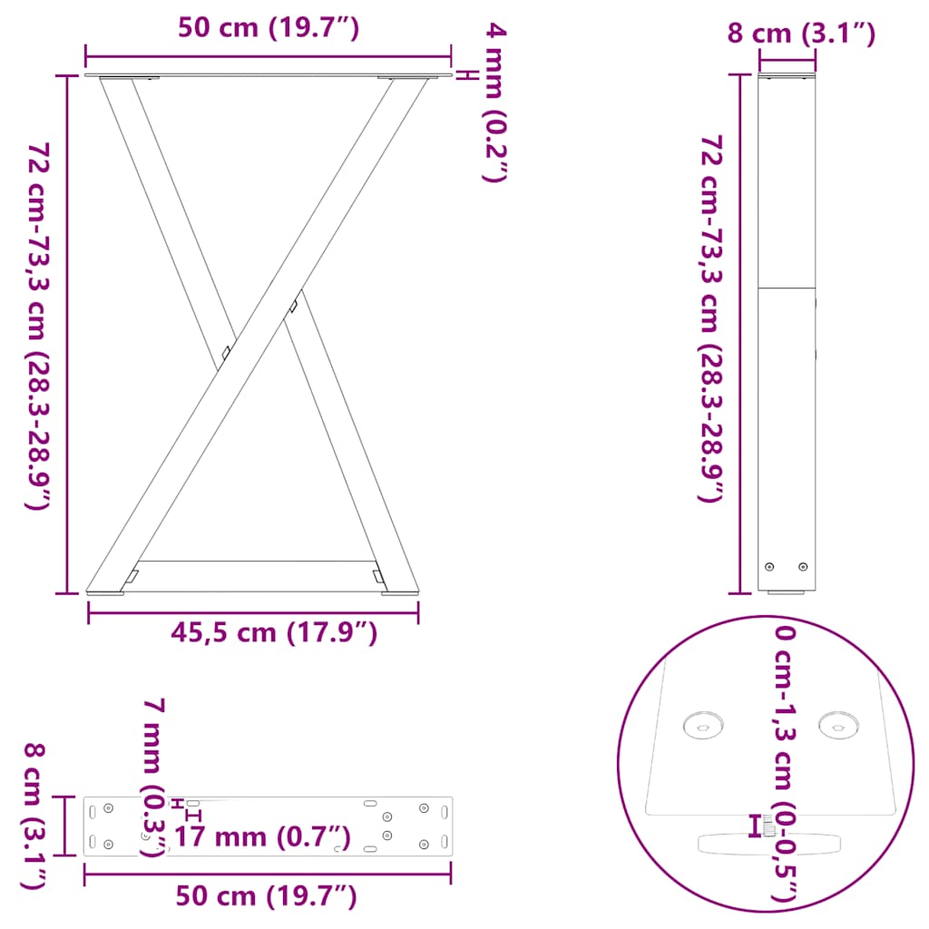 vidaXL Esstisch Beine 2 Stk. Schwarz 50x(72-73,3) cm Stahl