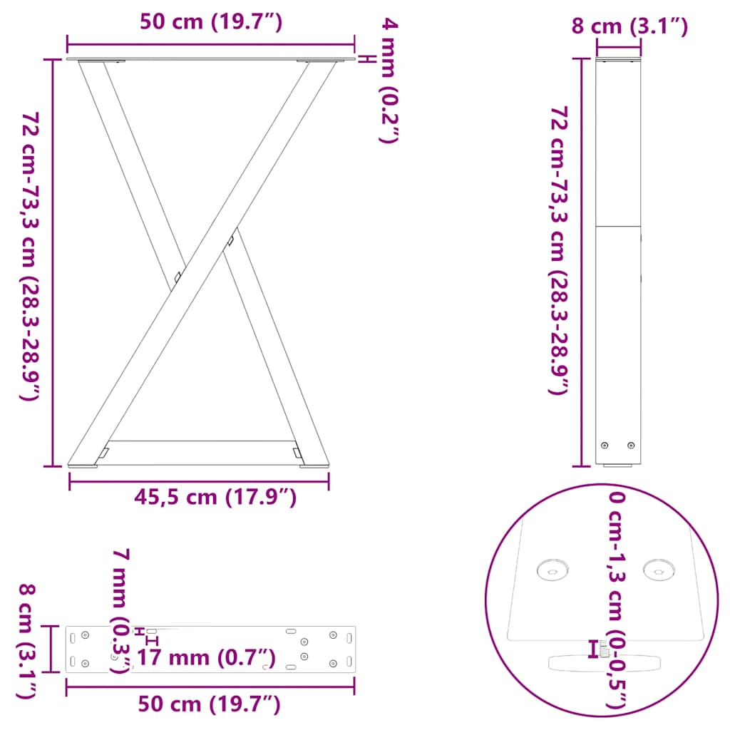 vidaXL Esstisch Beine 2 Stk. Weiß 50x(72-73,3) cm Stahl