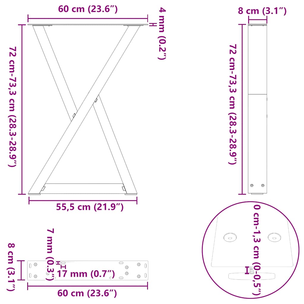 vidaXL Esstisch Beine 2 Stück Naturstahl 60x(72-73,3) cm Stahl