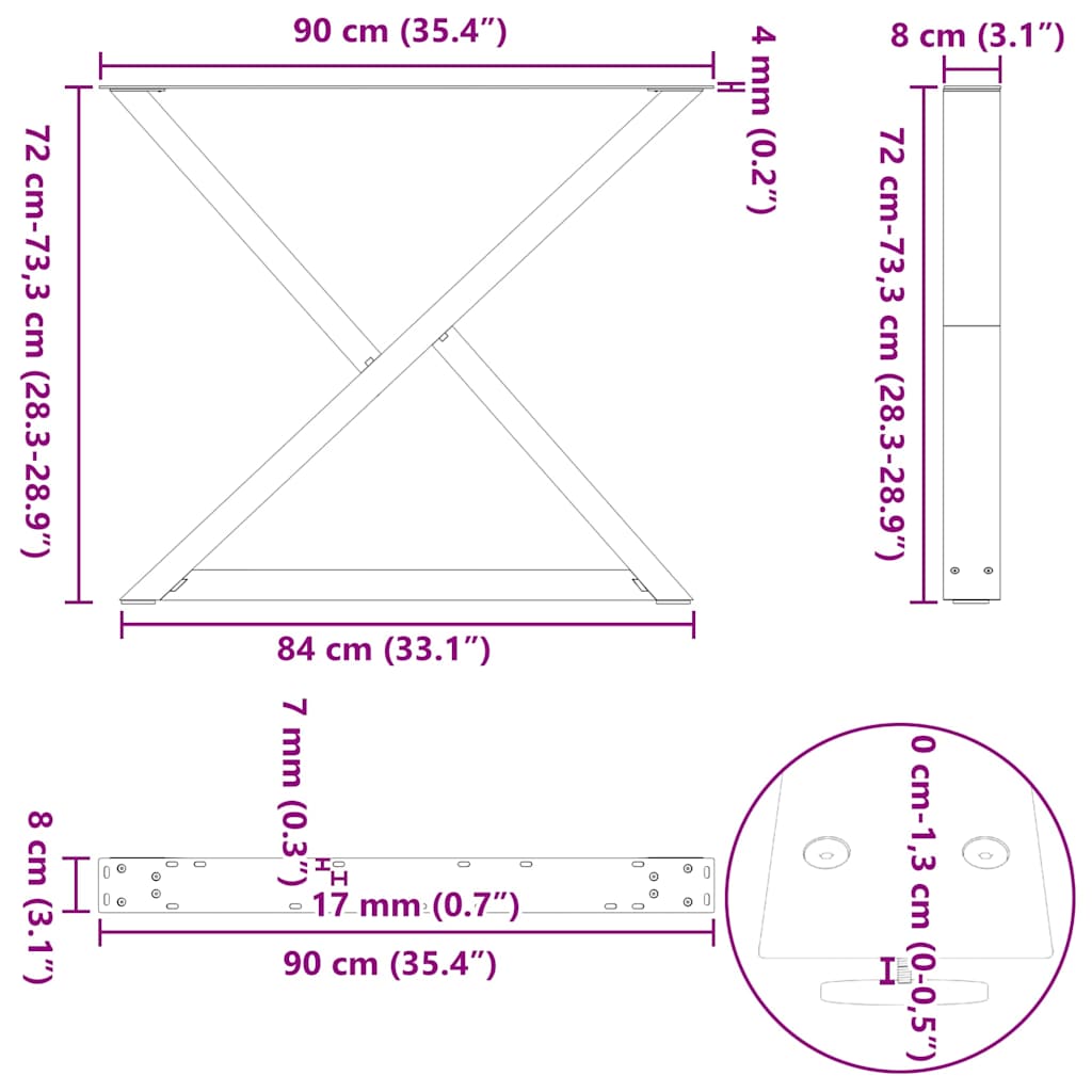 vidaXL Esstischbeine 2 Stück Weiß 90x(72-73,3) cm Stahl