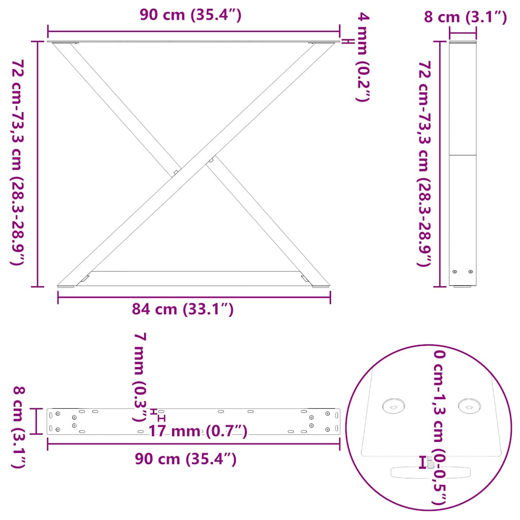 vidaXL Esstisch Beine 2 Stück Naturstahl 90x(72-73,3) cm Stahl