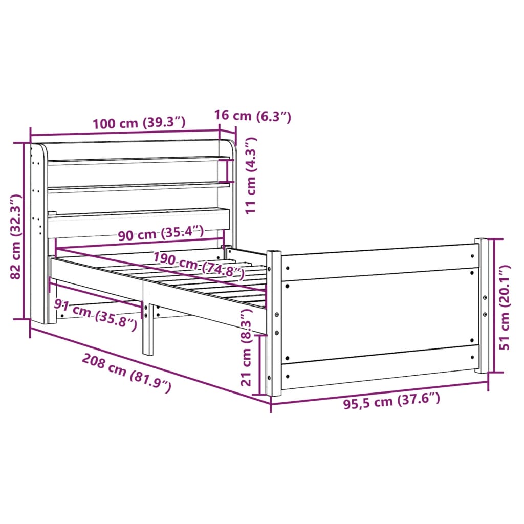 vidaXL Bettgestell mit Kopfteil ohne Matratze 90x190 cm