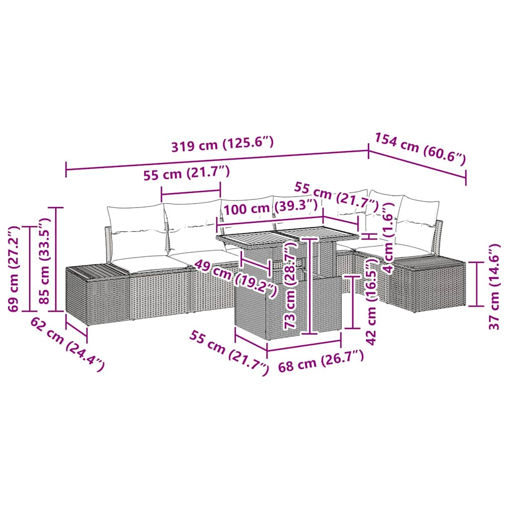 Garten Essgruppe mit Kissen 7 pcs Schwarz und Braun