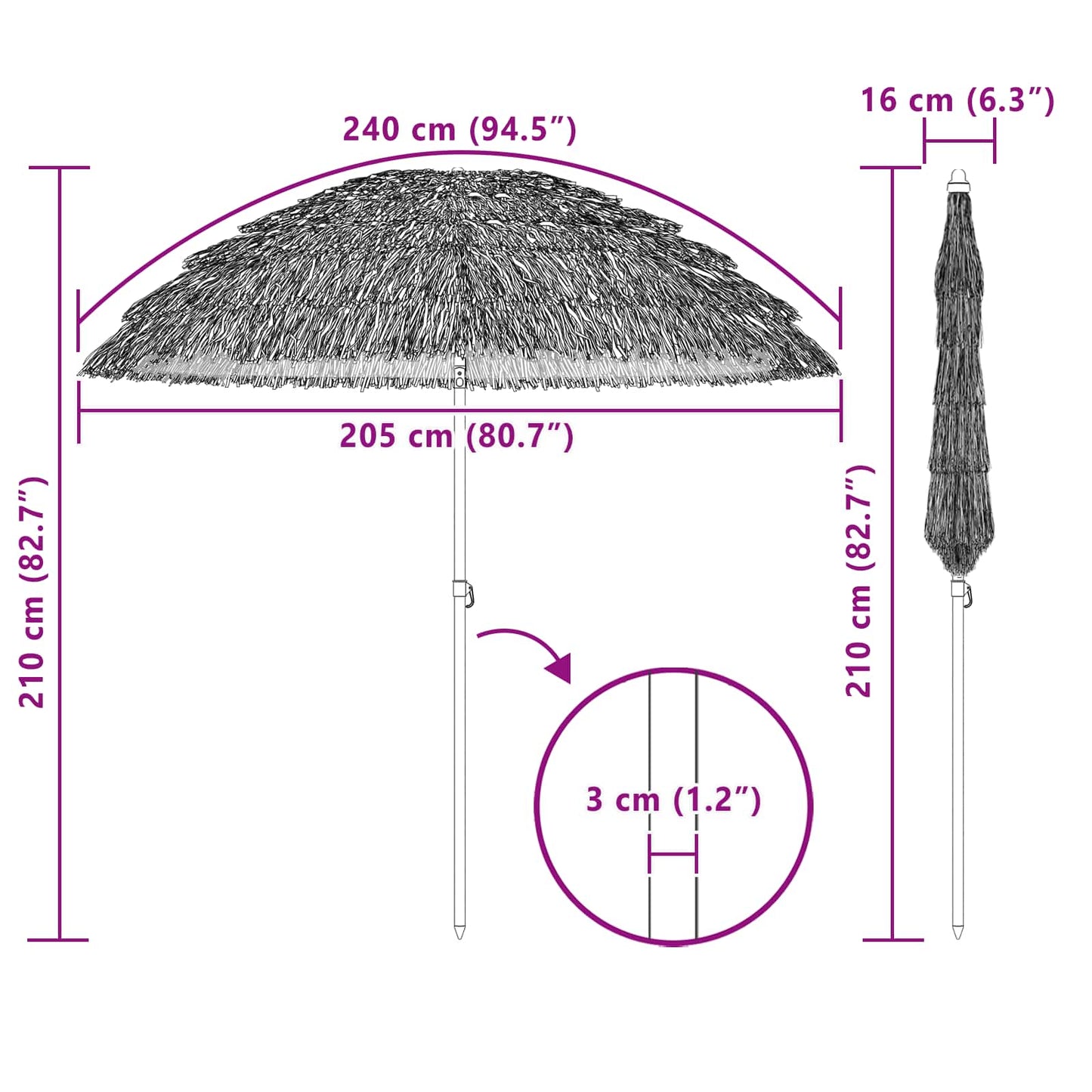 vidaXL Garten-Sonnenschirm Natur 205 x 205 x 210 cm