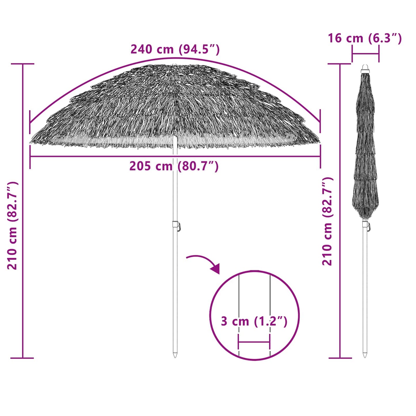 vidaXL Strandparasol Natur 255 x 255 x 255 cm Polyester und Stahl