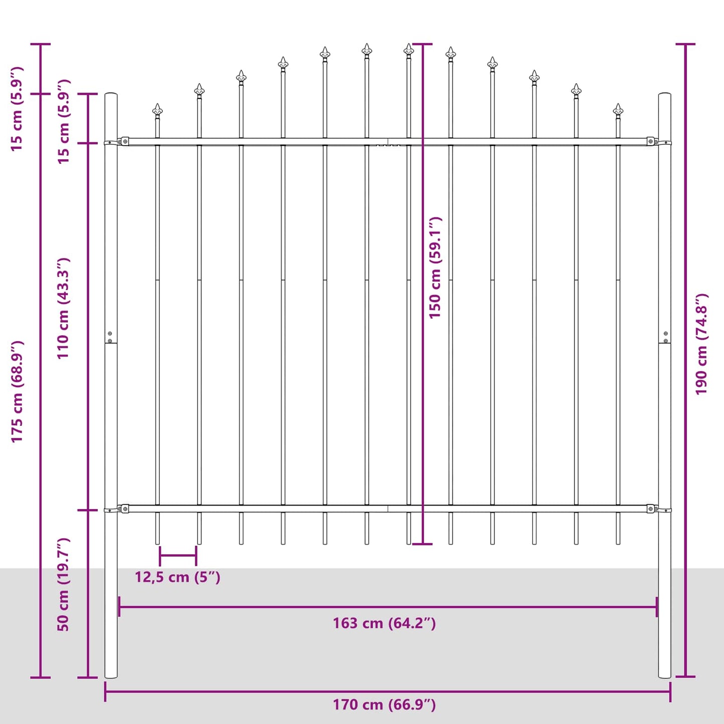Gartenzaun Grau 170 x 190 cm Pulverbeschichteter Stahl