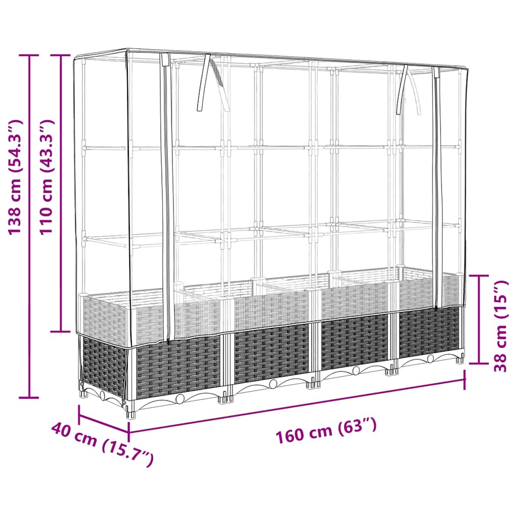 vidaXL Hochbeet mit Gewächshausabdeckung Rattanoptik 160x40x138 cm