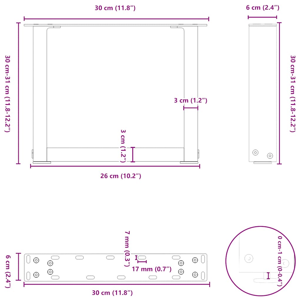 vidaXL Pieds de table basse en U 2 pcs. Anthracite 30x(30-31) cm Acier