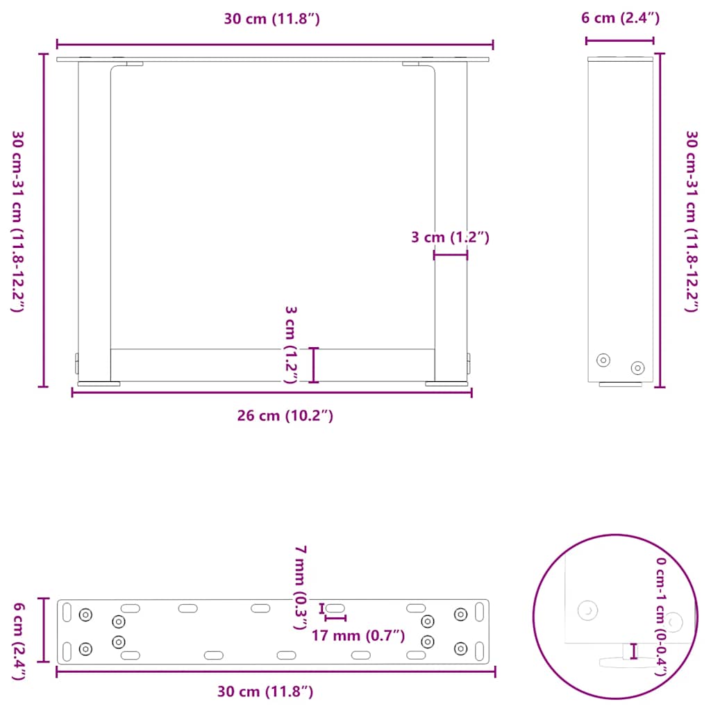 vidaXL Couchtischbeine U-Form 2 Stk. Naturstahl 30x(30-31) cm Stahl