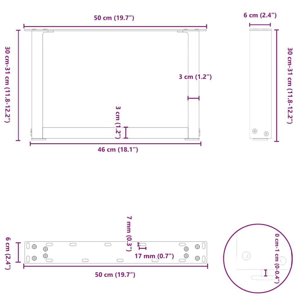 vidaXL Couchtischbeine U-Form 2 Stk. Anthrazit 50x(30-31) cm Stahl